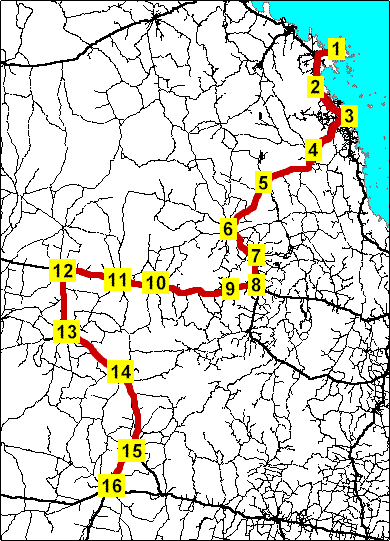 Map of route from Airlie Beach to Charleville