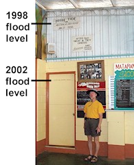 Flood levels marked on wall of pub, Mataranka Homestead
