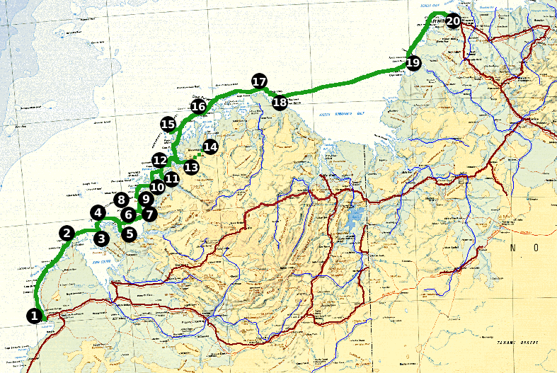 Expedition route, Broome (left) to Darwin (right)