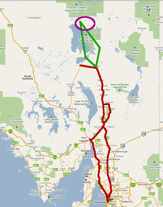 Map of tour South Australia Adelaide to Lake Eyre