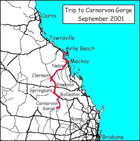 Map of our trip to Carnarvon Gorge